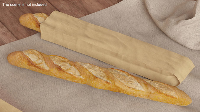 Kraft Paper Bag with Baguette 3D model 2