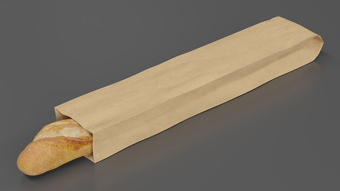 Kraft Paper Bag with Baguette 3D model 3