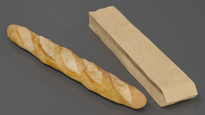 Kraft Paper Bag with Baguette 3D model 4