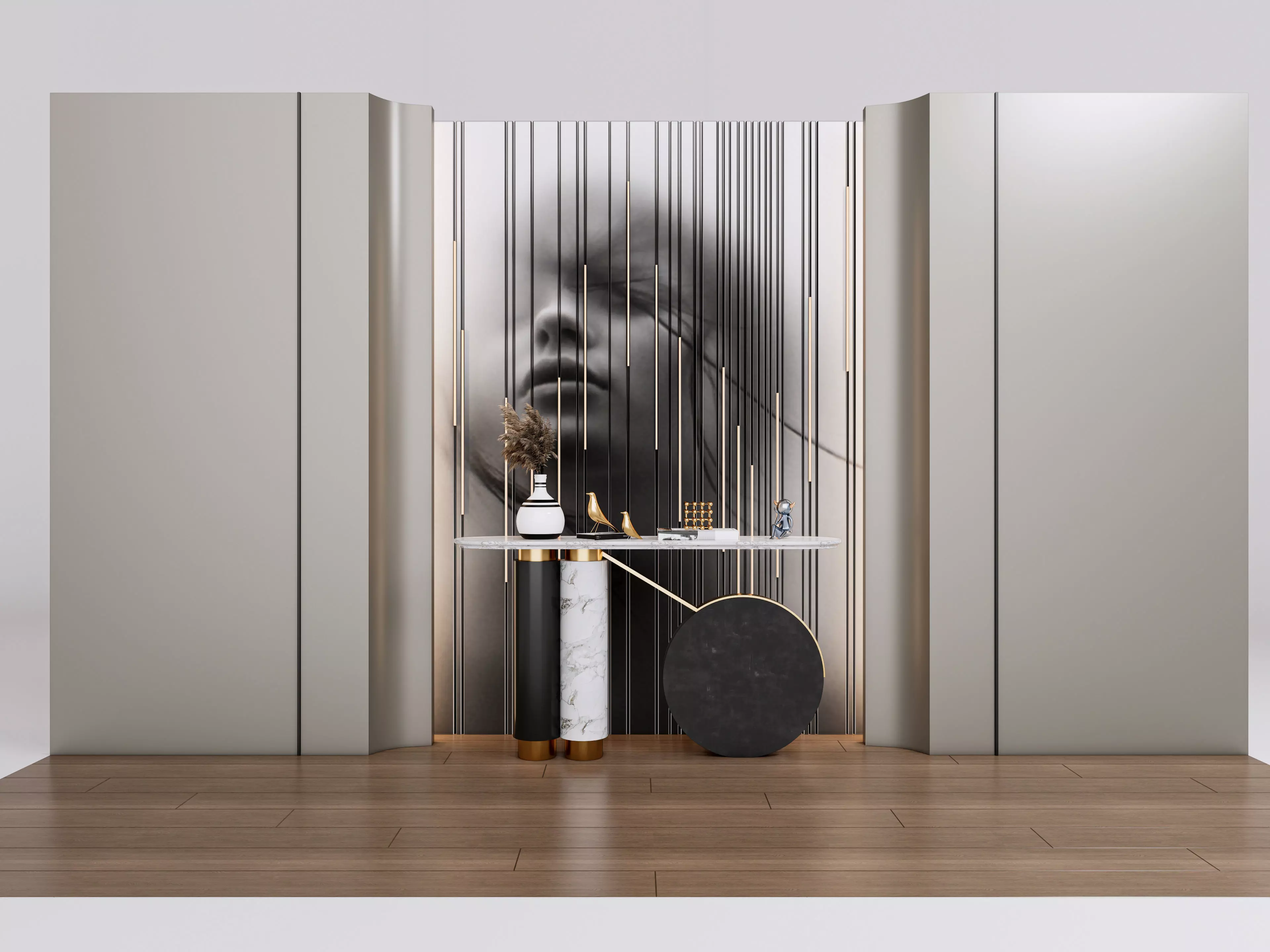 Sideboard with wall panel and flooring 2 3D model_0