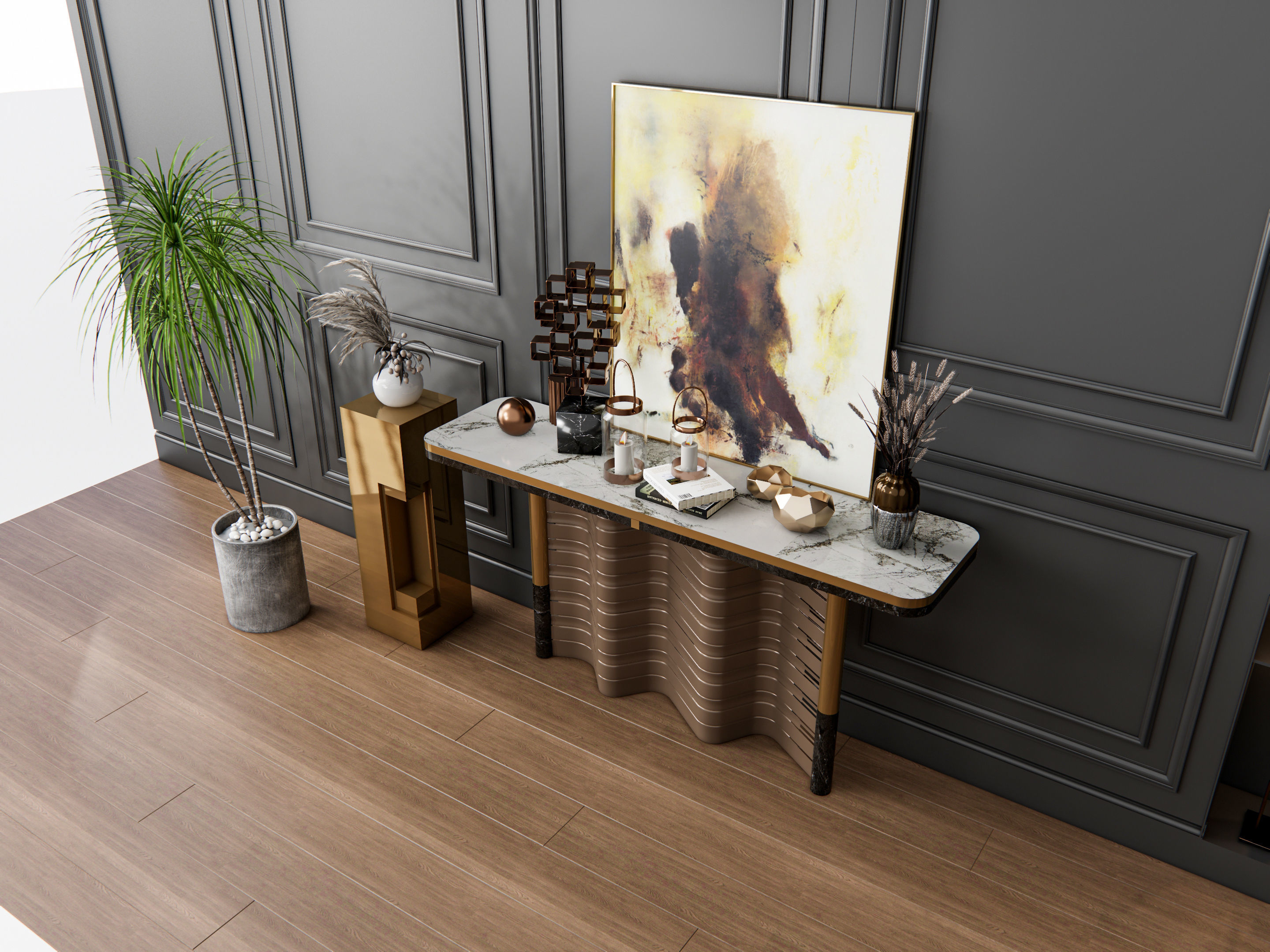 Sideboard with wall panel and flooring 3 3D model_10