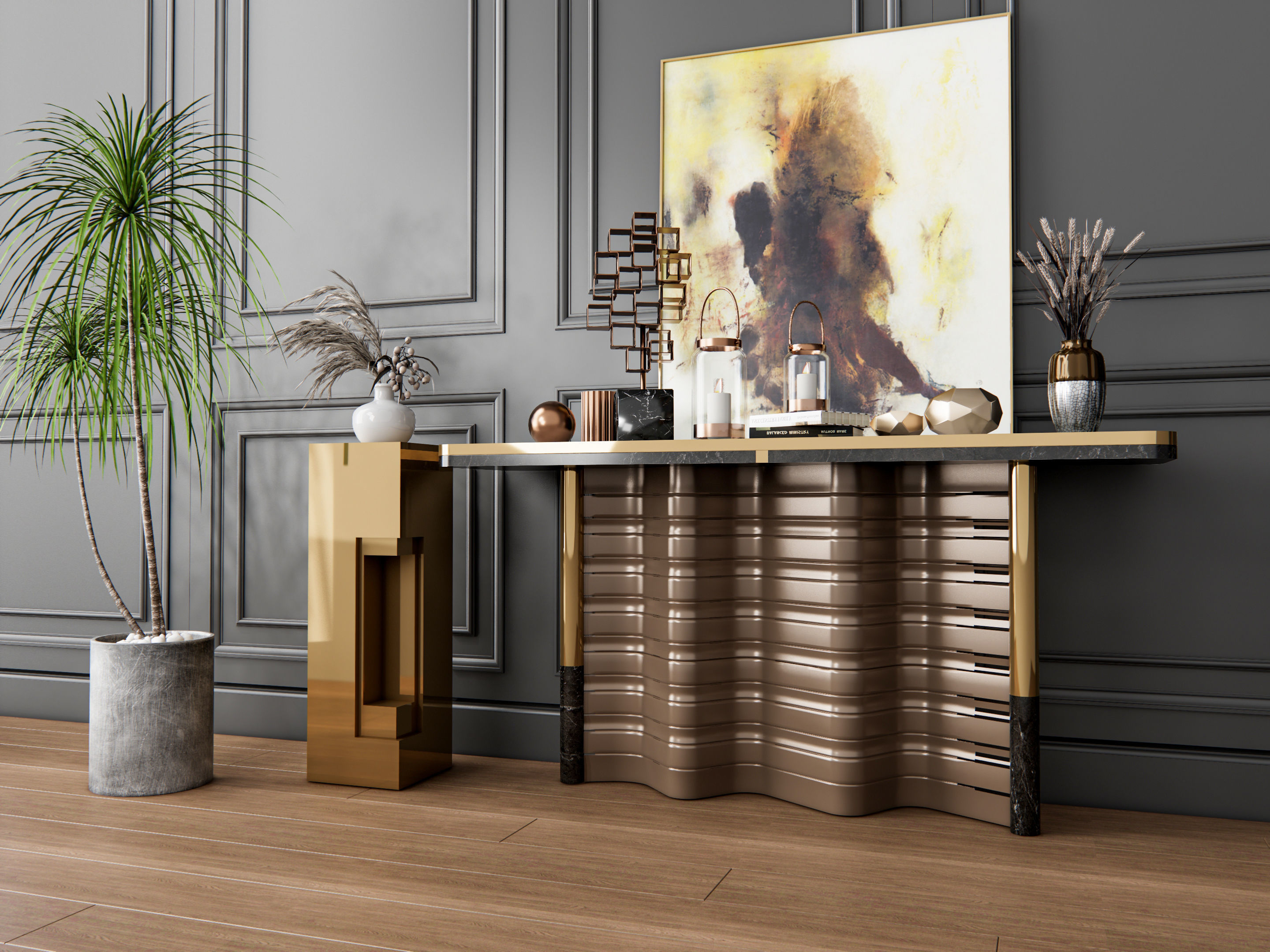 Sideboard with wall panel and flooring 3 3D model_9