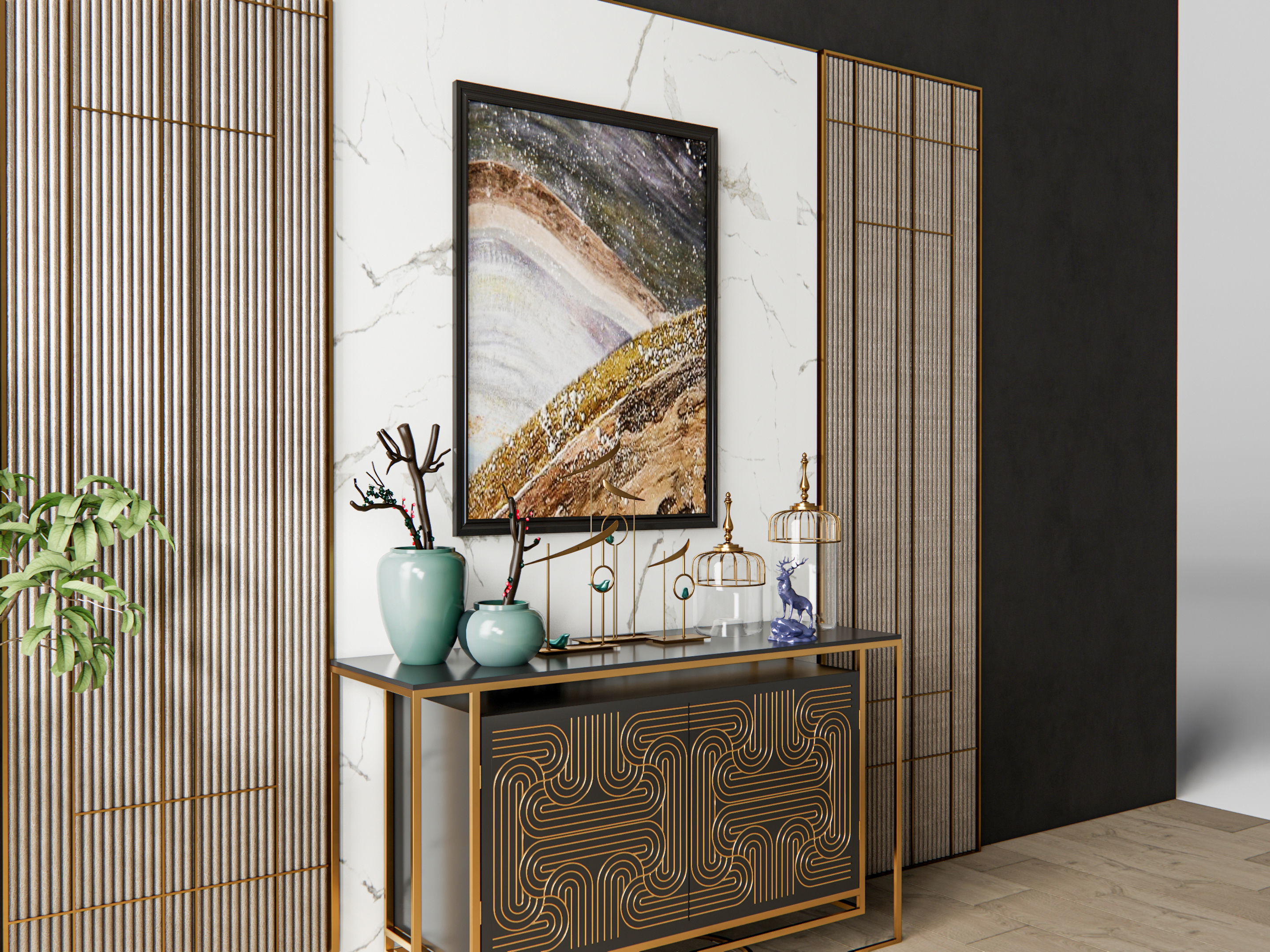 Sideboard with wall panel and flooring 6 3D model_6