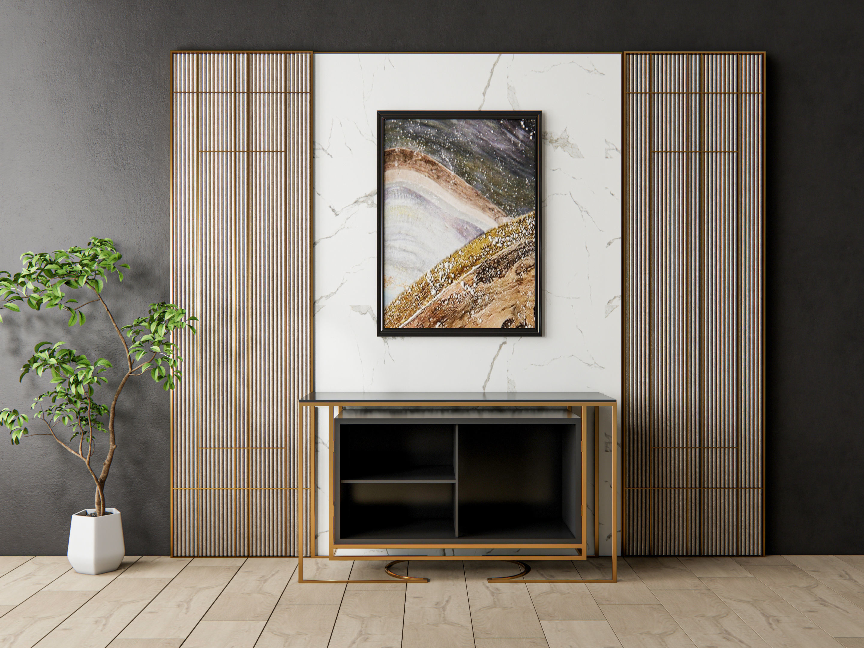 Sideboard with wall panel and flooring 6 3D model_2