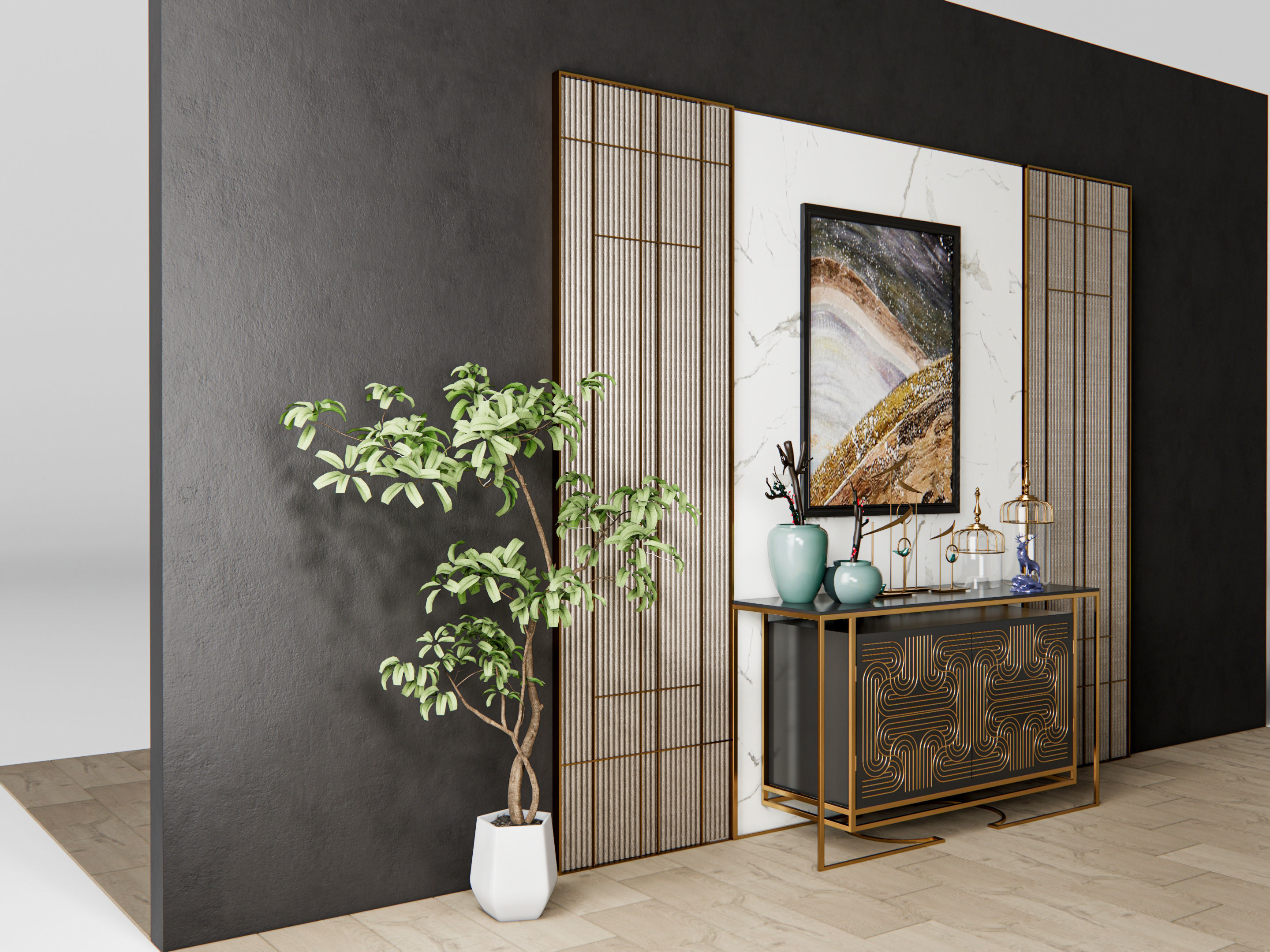 Sideboard with wall panel and flooring 6 3D model_7