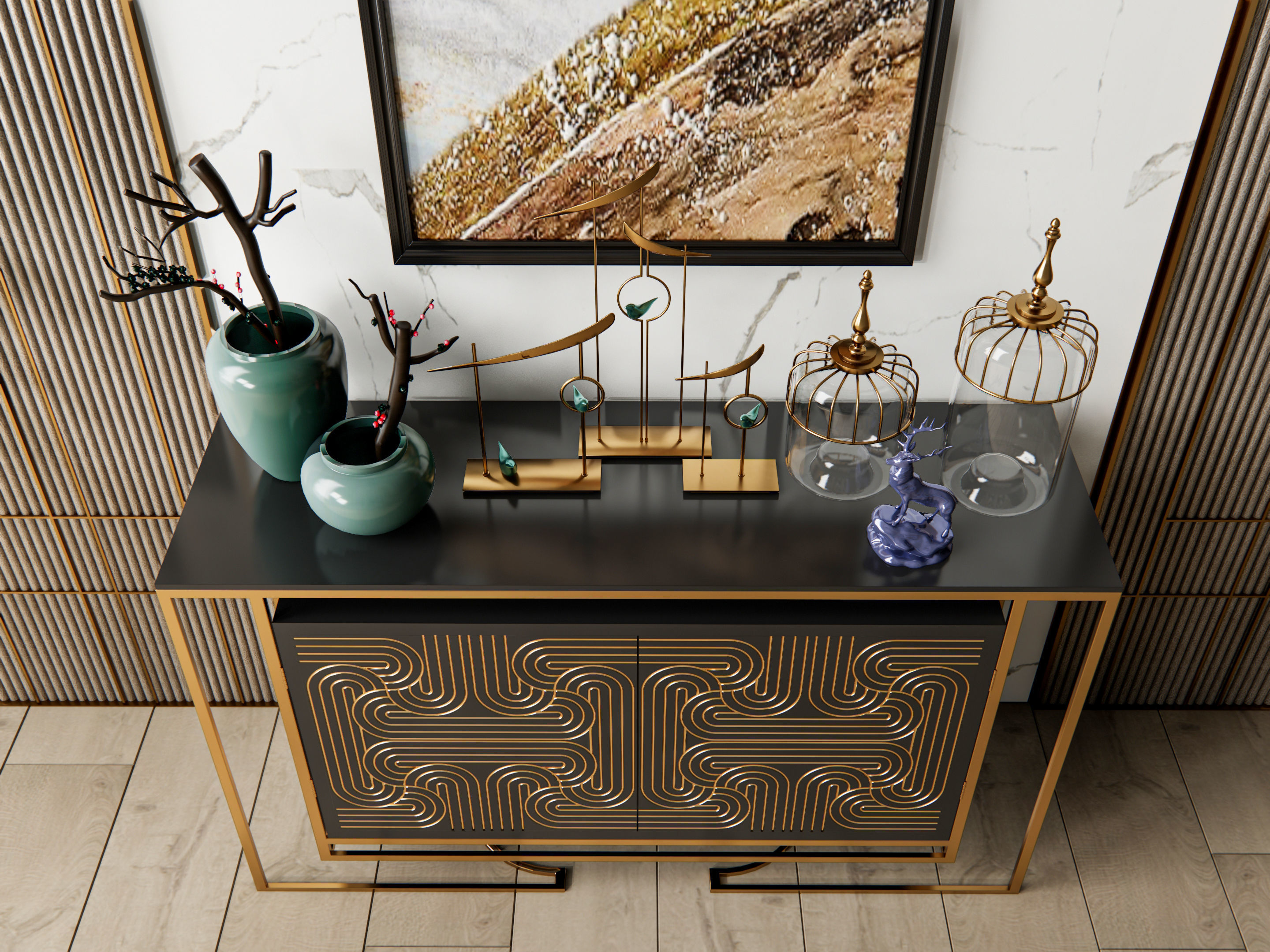 Sideboard with wall panel and flooring 6 3D model_12