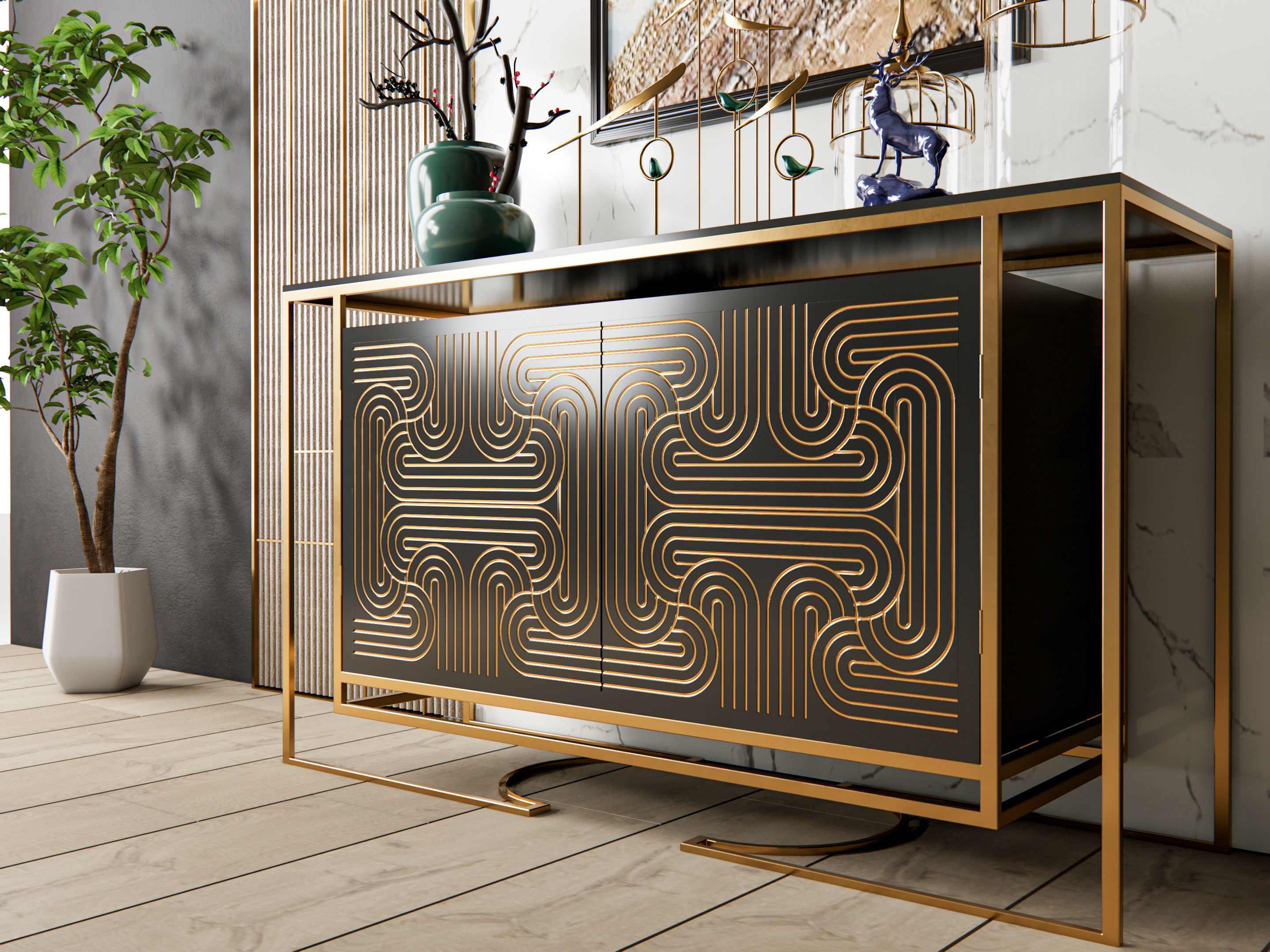 Sideboard with wall panel and flooring 6 3D model_16