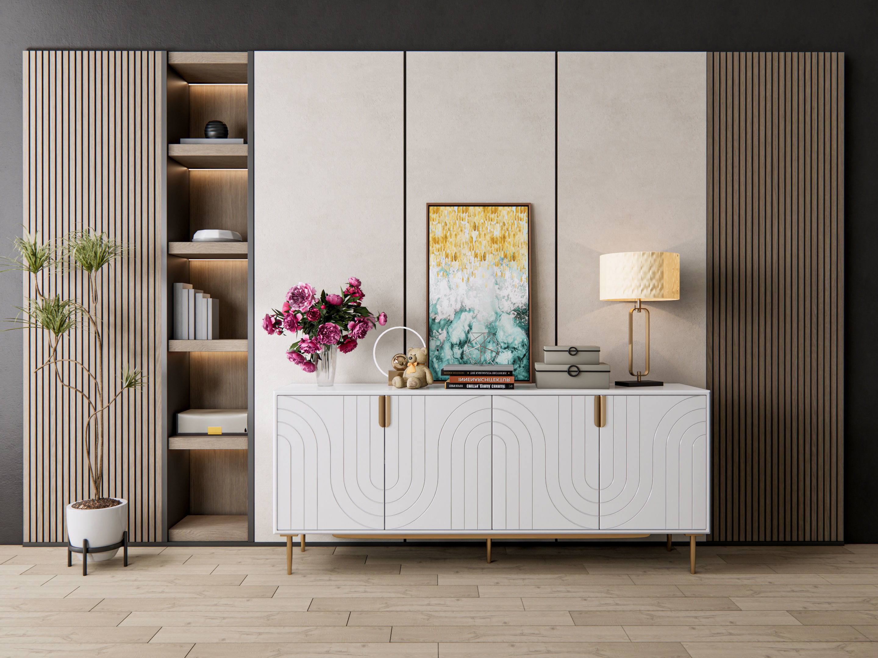 Sideboard with wall panel and flooring 7 3D model_13