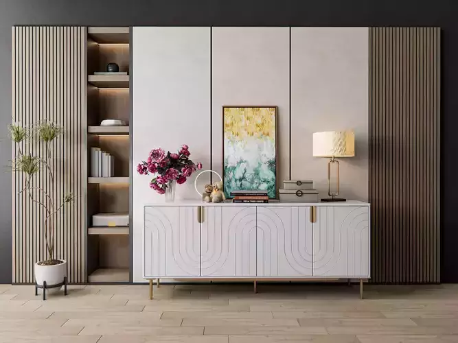 Sideboard with wall panel and flooring 7 3D model