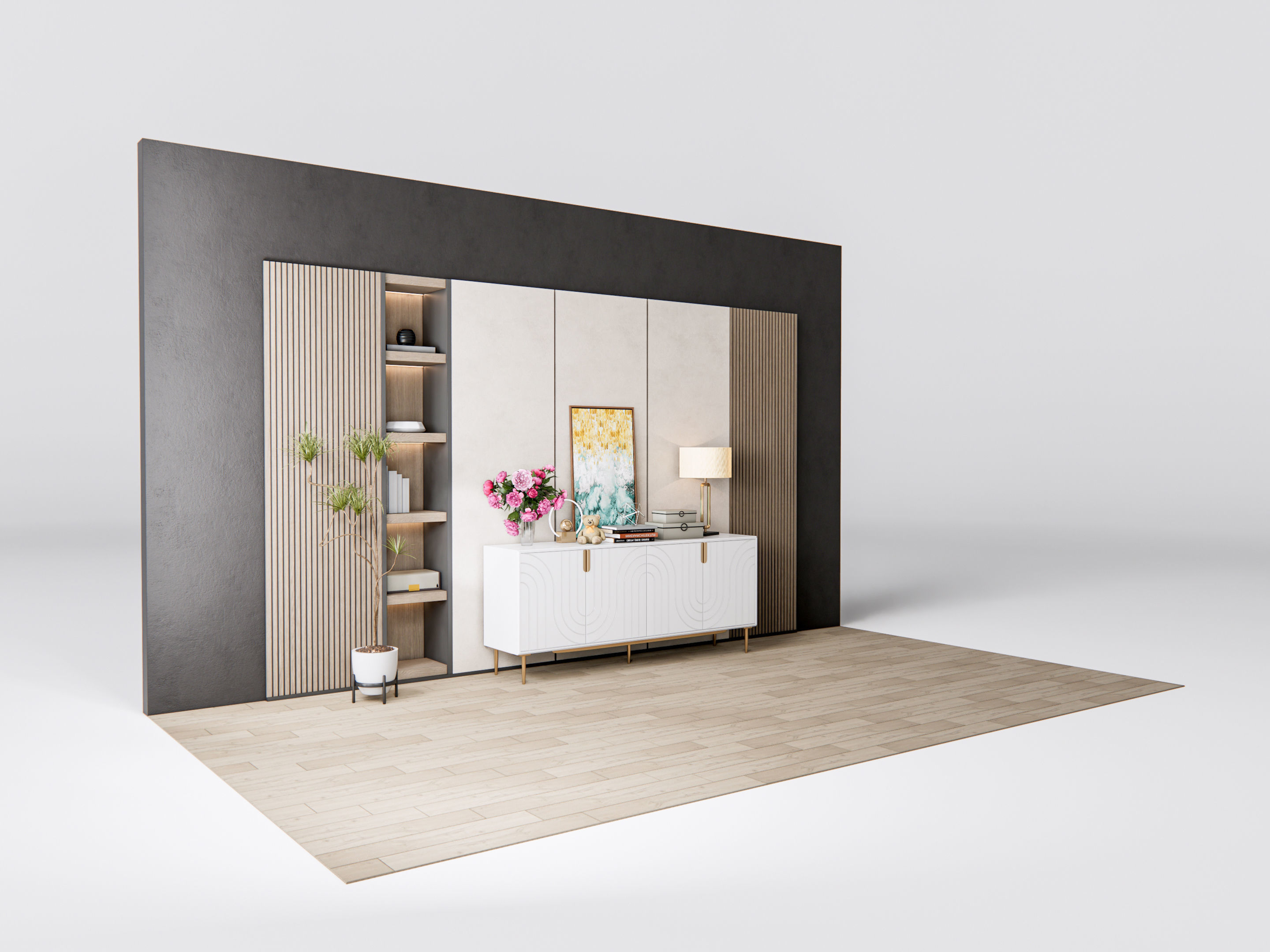Sideboard with wall panel and flooring 7 3D model_4