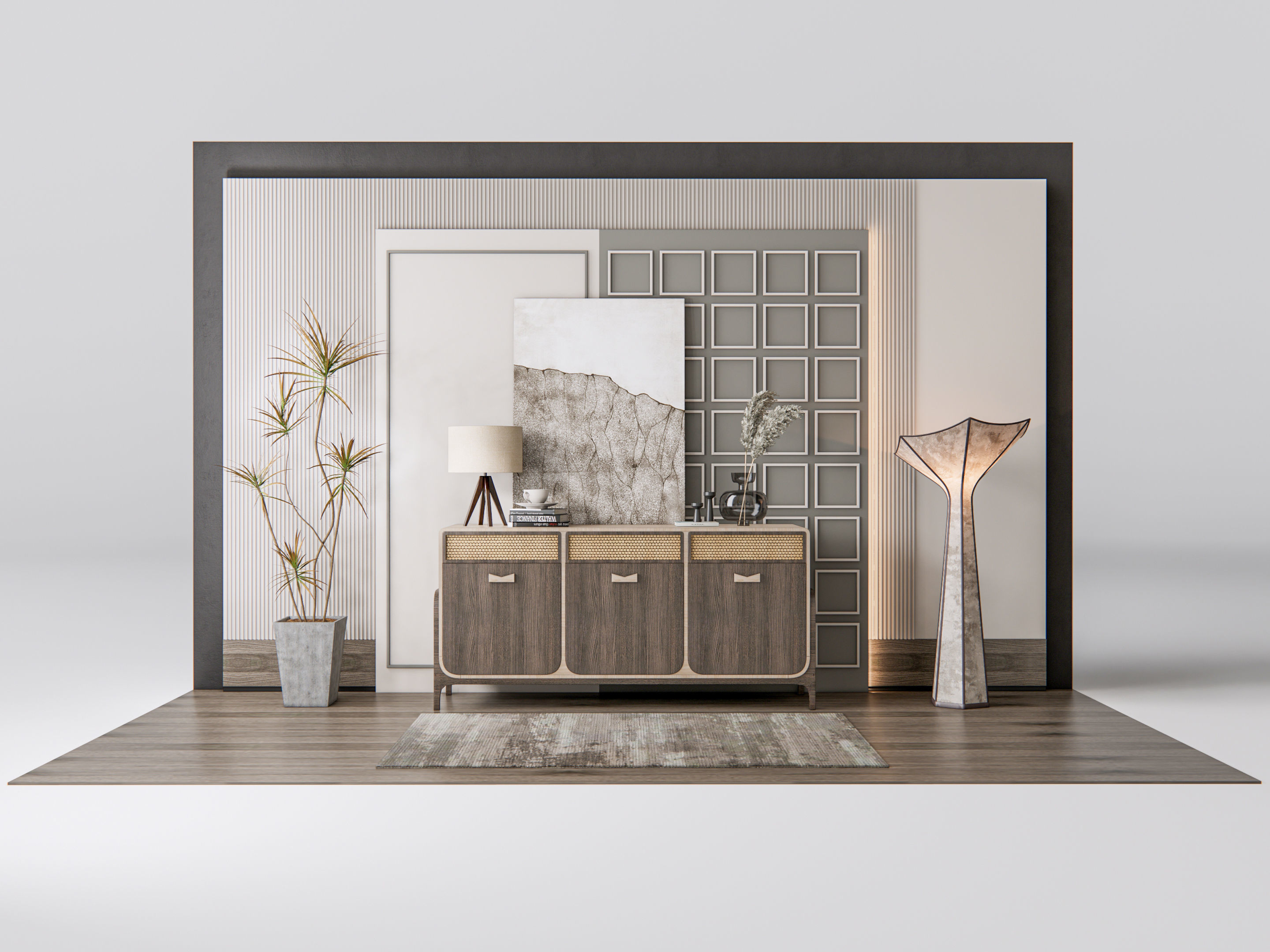 Sideboard with wall panel and flooring 11 3D model_1