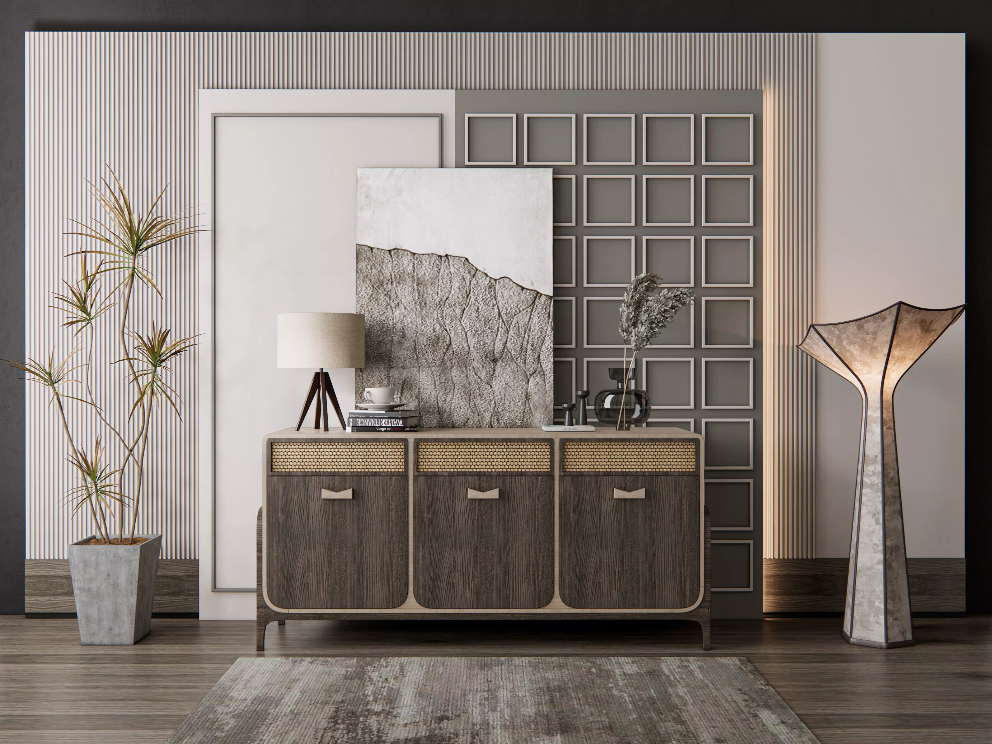 Sideboard with wall panel and flooring 11 3D model_0