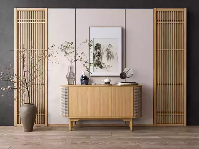 Sideboard with wall panel and flooring 17 3D model