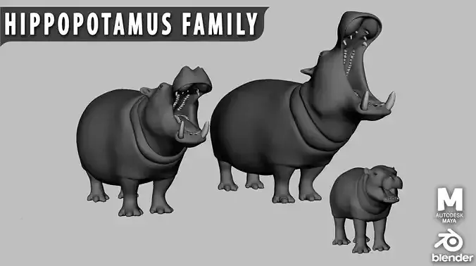 Hippopotamus Family Low-poly 3D model