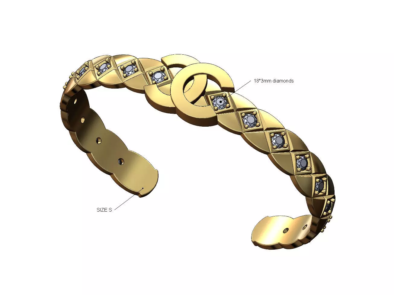 CC fashion logo cross stitch engraving diamond cuff bracelet 3D print model