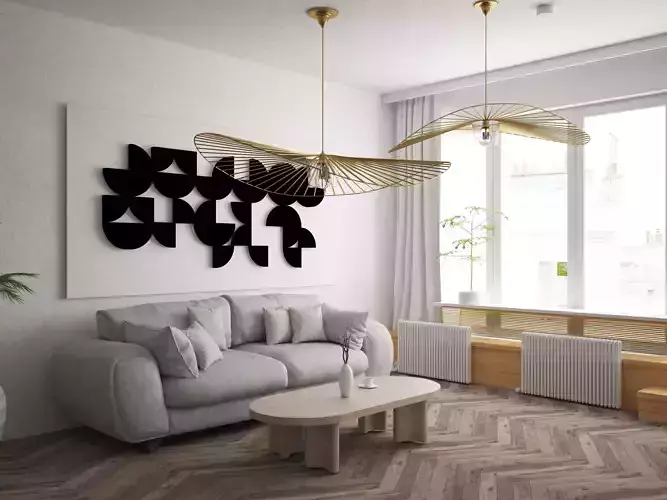 Abstract black and white painting with geometric shapes