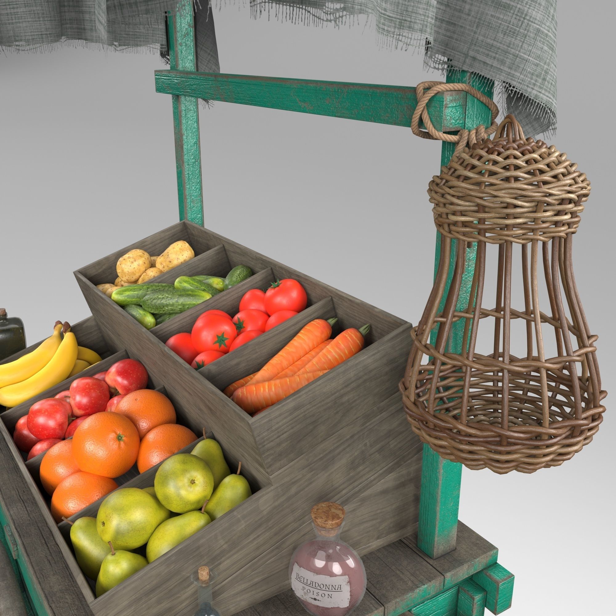 Vintage wheelbarrow counter with vegetables and fruits 3D model_4