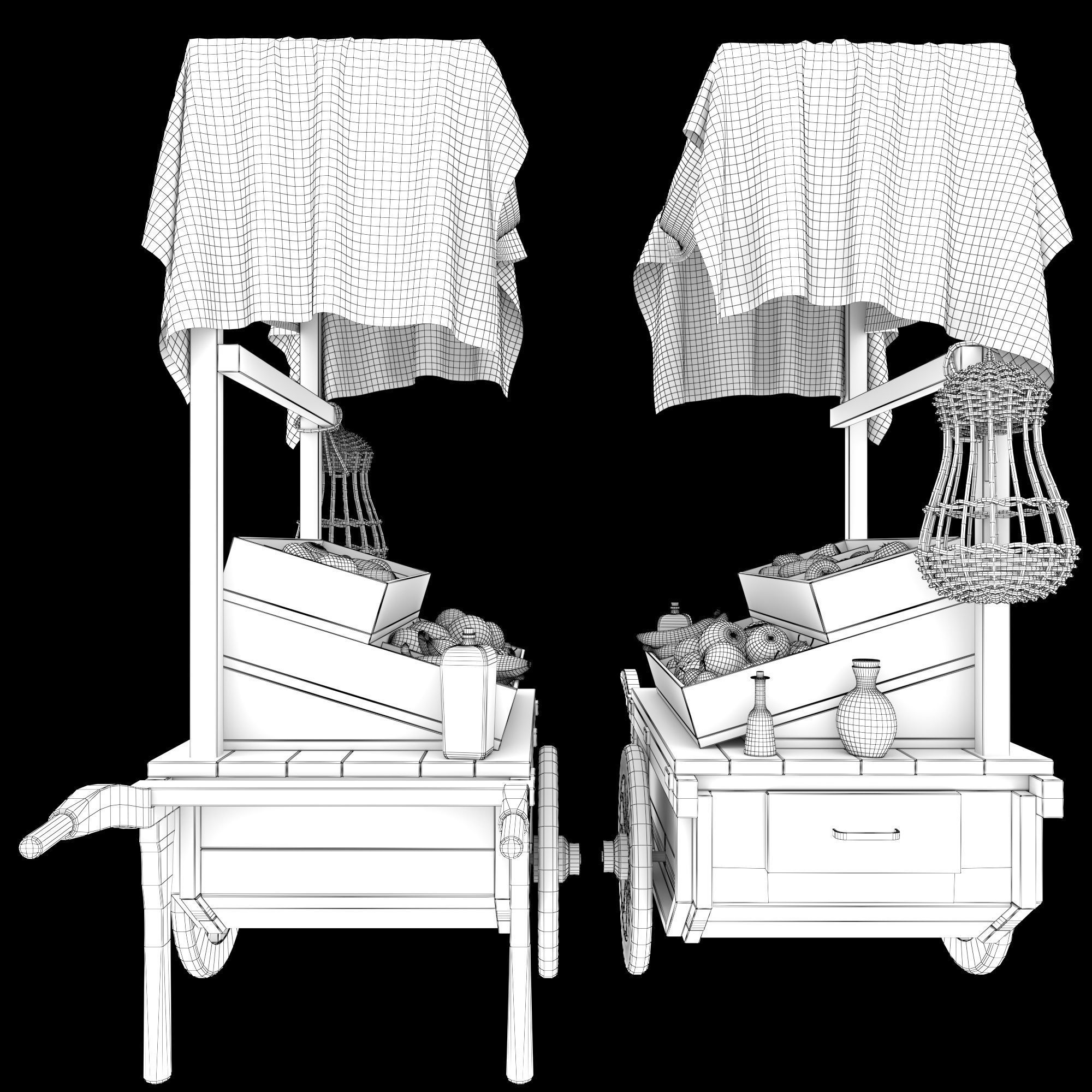 Vintage wheelbarrow counter with vegetables and fruits 3D model_12