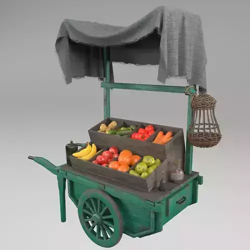Vintage wheelbarrow counter with vegetables and fruits