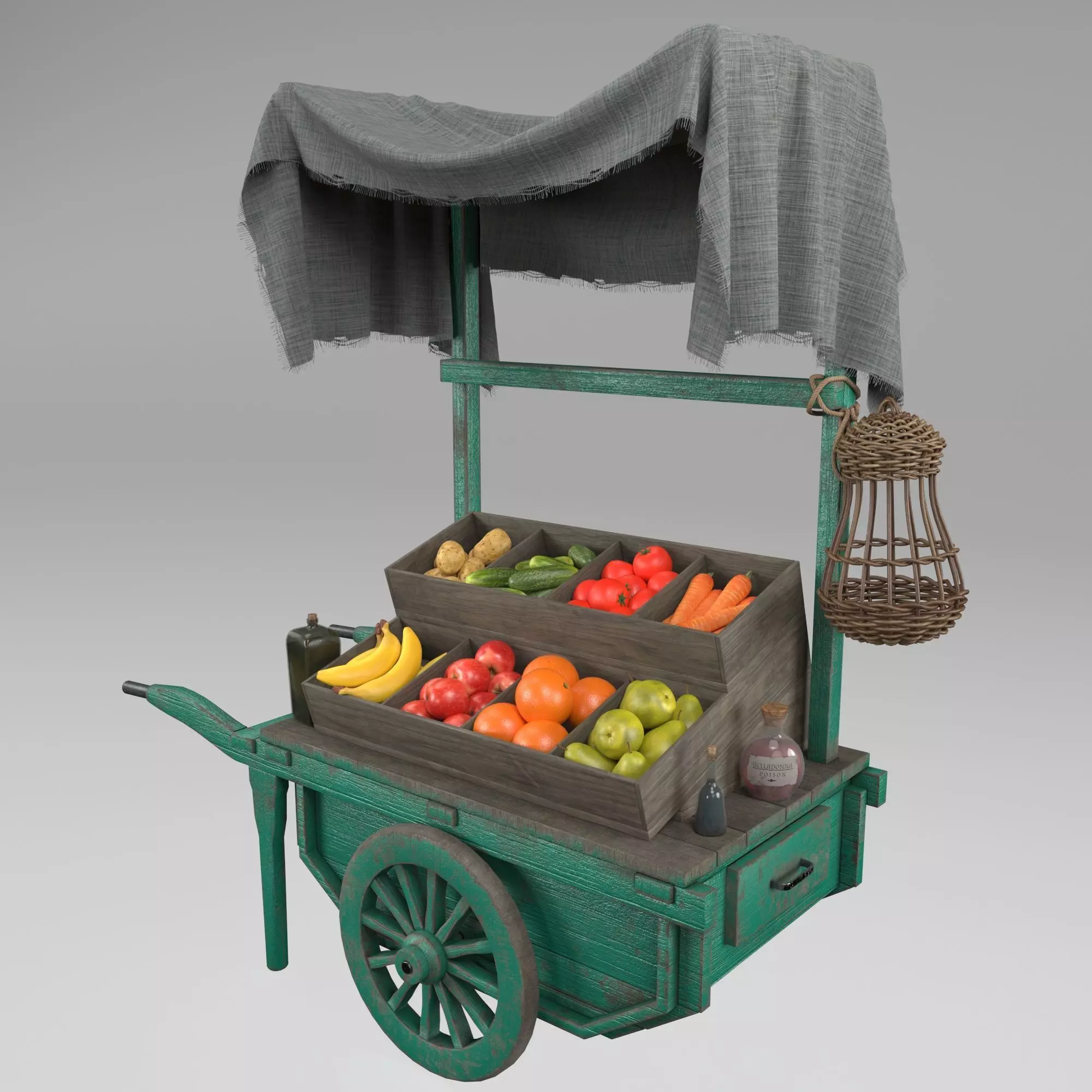 Vintage wheelbarrow counter with vegetables and fruits 3D model_0