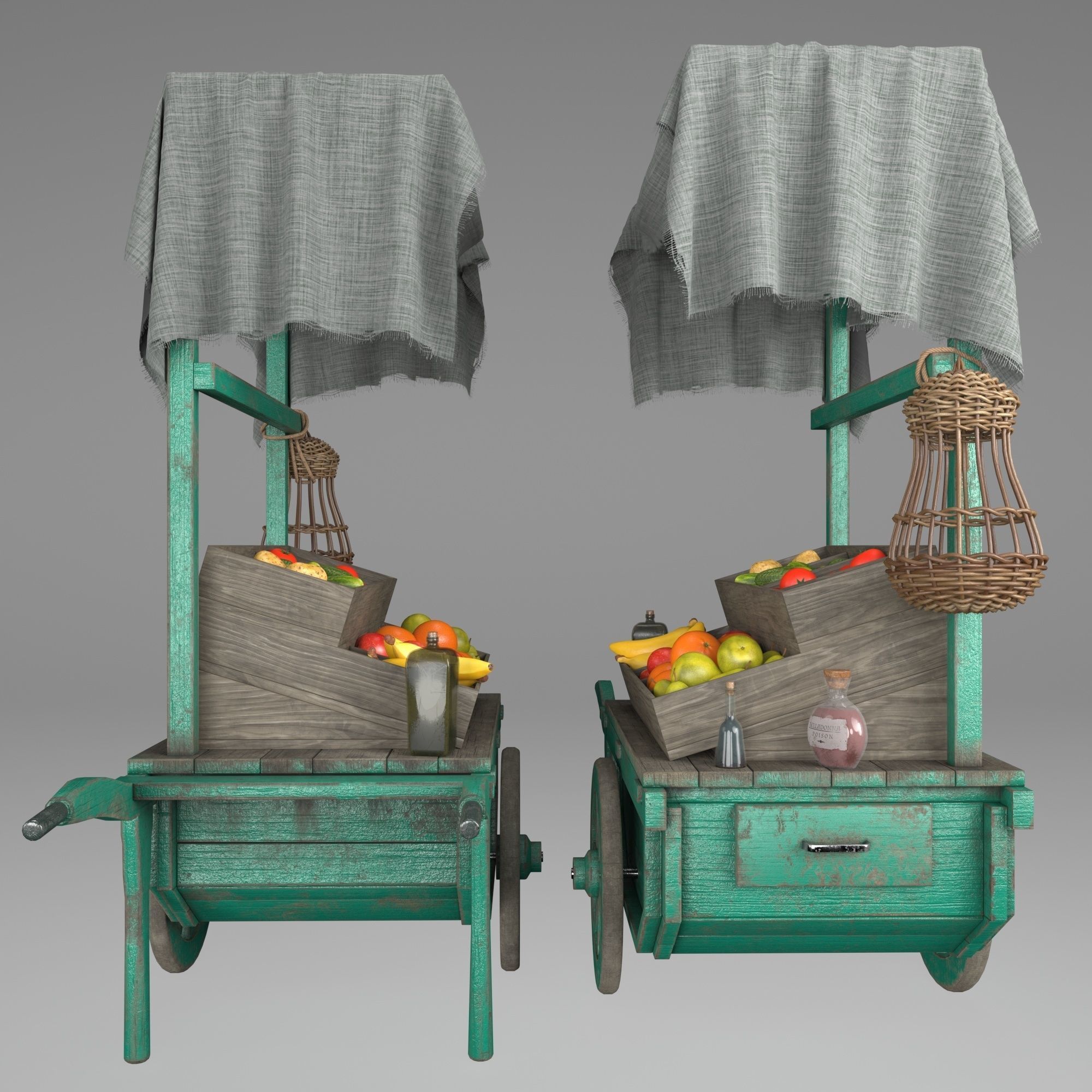 Vintage wheelbarrow counter with vegetables and fruits 3D model_7