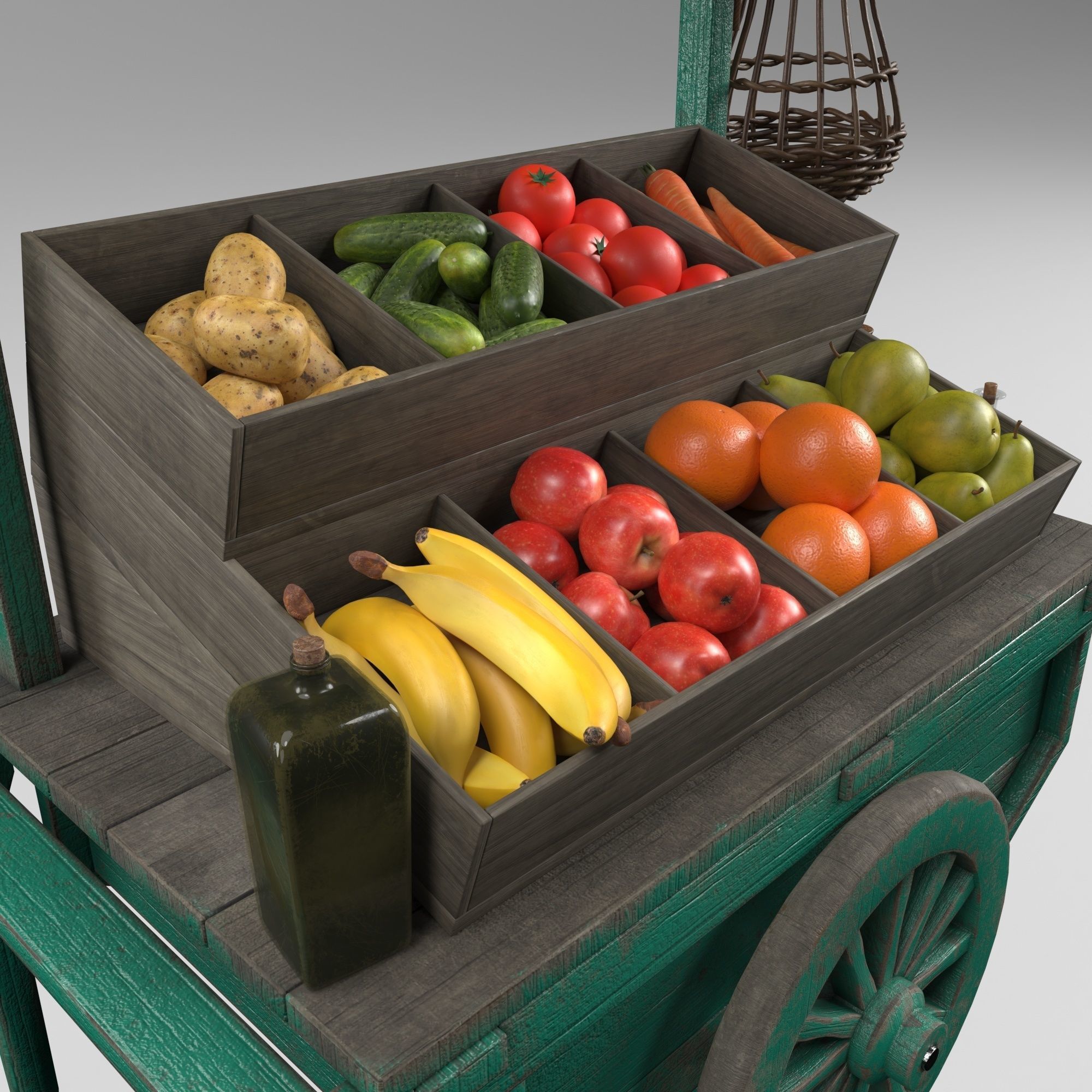 Vintage wheelbarrow counter with vegetables and fruits 3D model_6