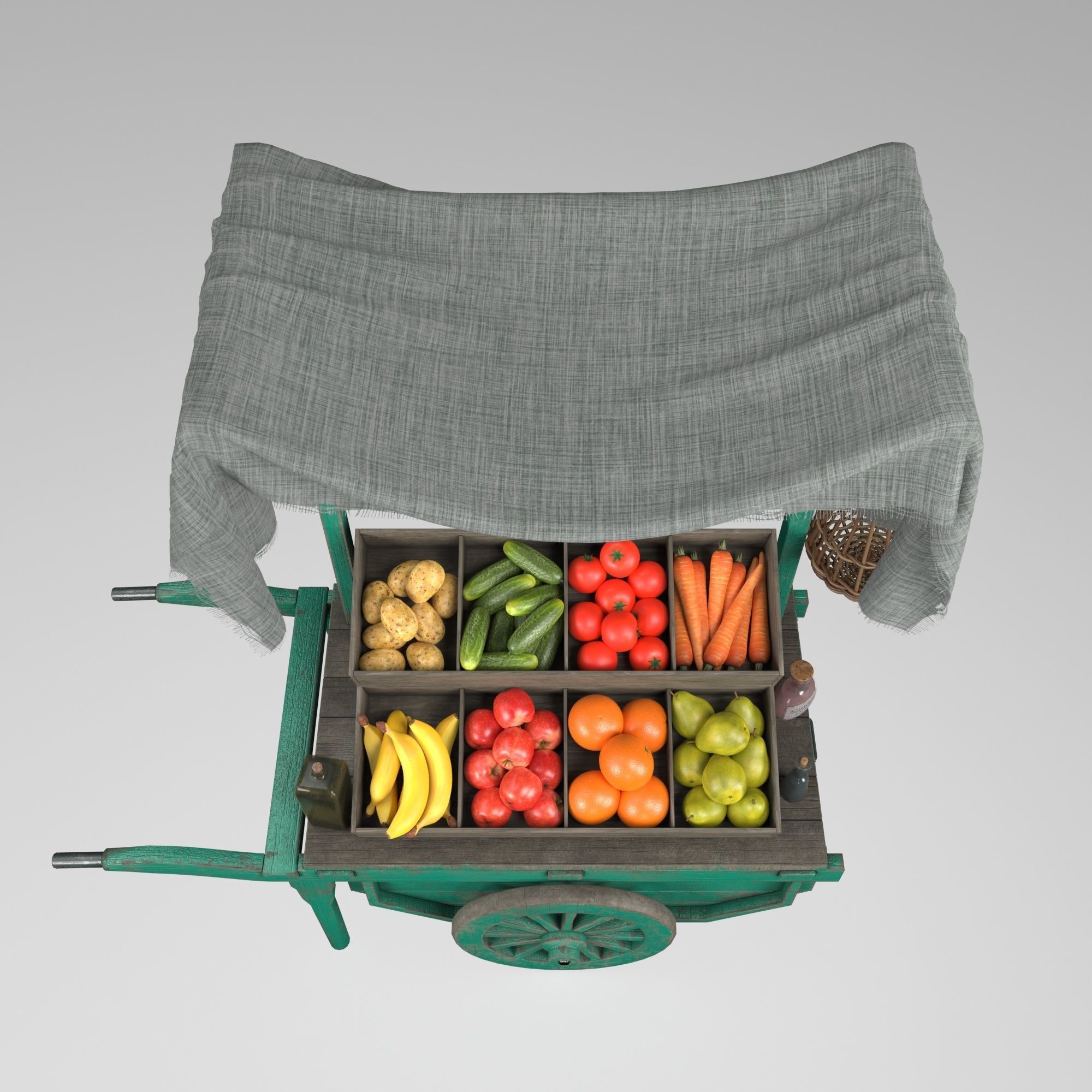 Vintage wheelbarrow counter with vegetables and fruits 3D model_2