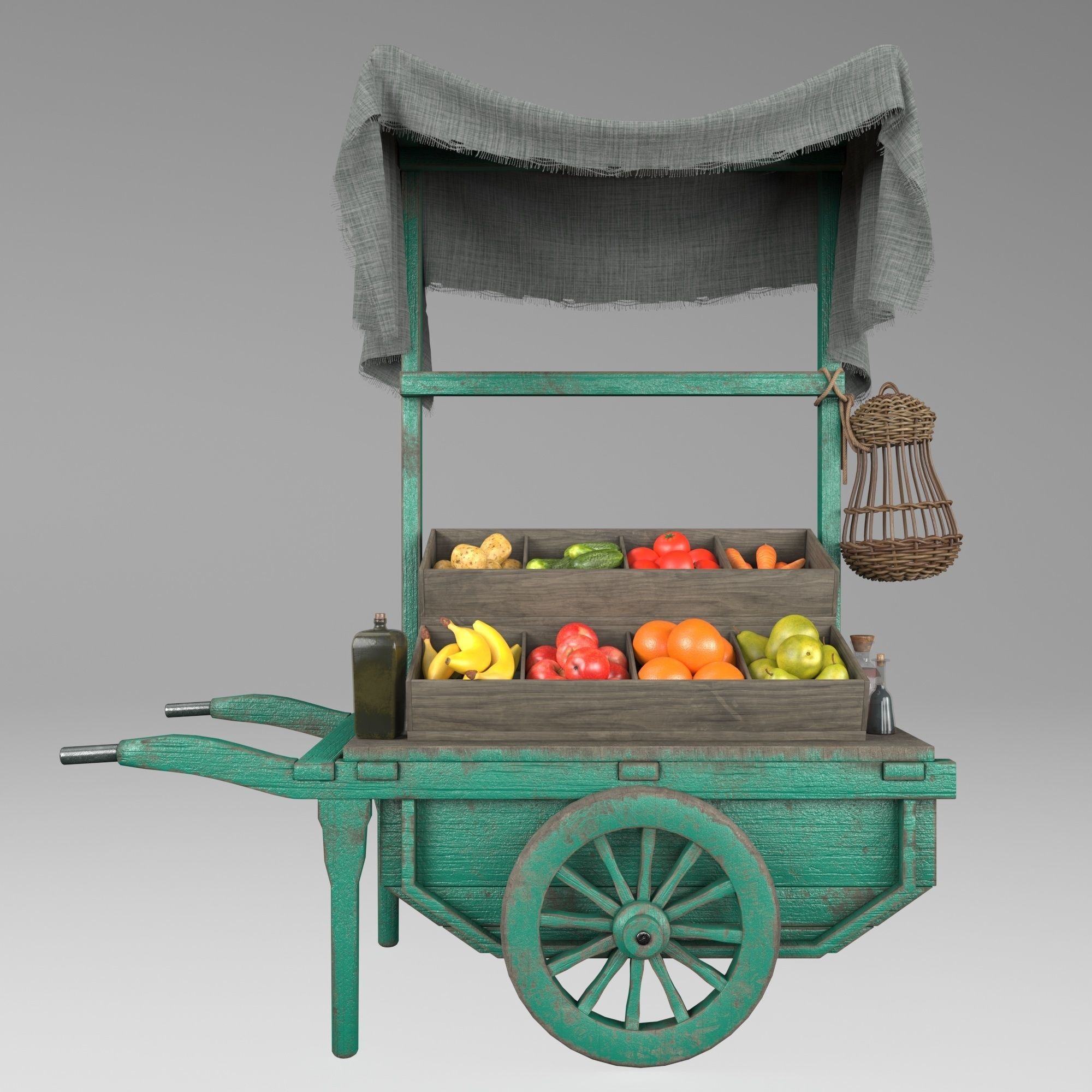 Vintage wheelbarrow counter with vegetables and fruits 3D model_1