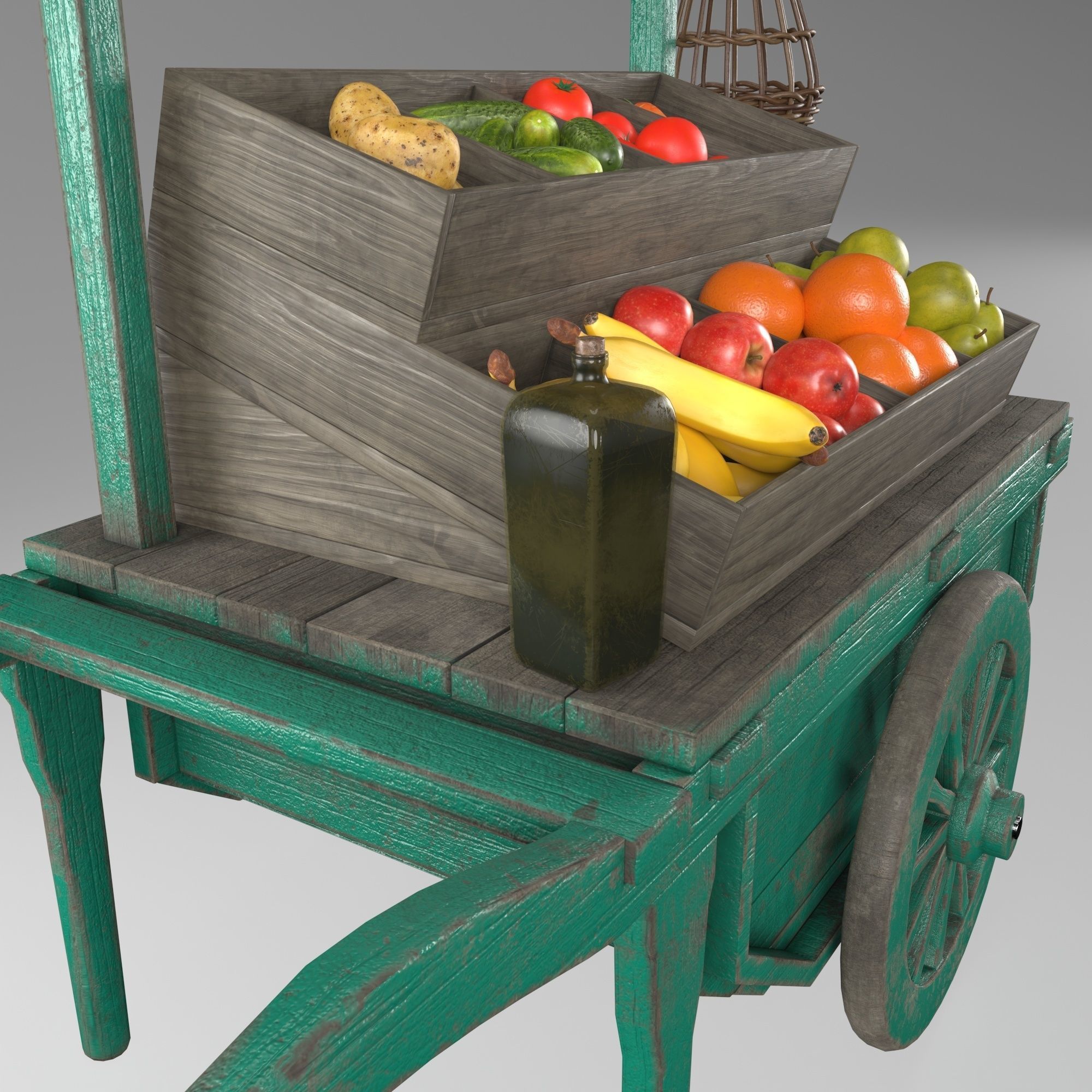 Vintage wheelbarrow counter with vegetables and fruits 3D model_5