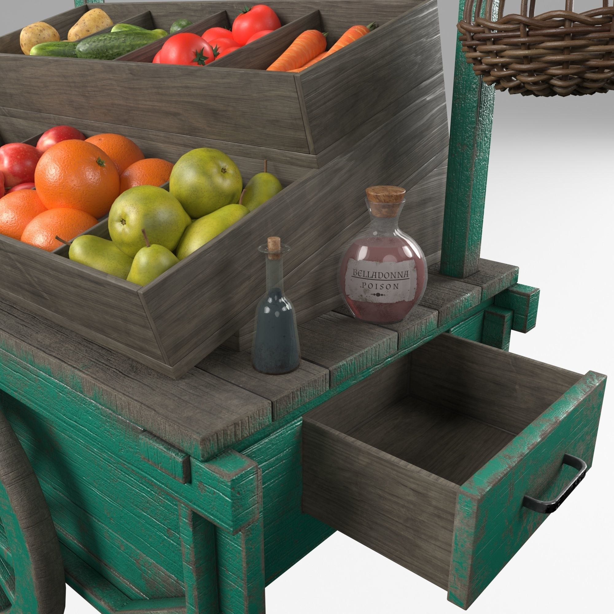 Vintage wheelbarrow counter with vegetables and fruits 3D model_3