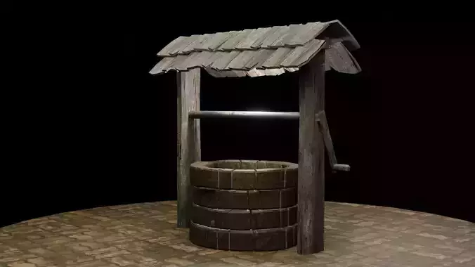 A well with a wood roof