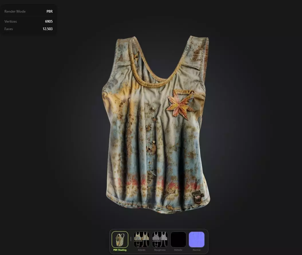 Dirty Wasteland Shirt game ready UE5 PBR VR Low-poly 3D model