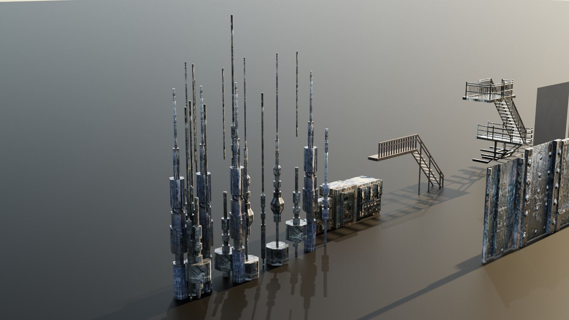 Dystopic Structure Elements Low-poly 3D model_2