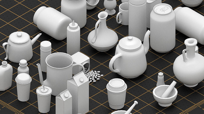 70 Basemesh canteen collection Low-poly 3D model 2