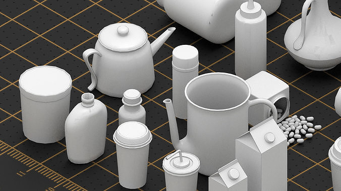 70 Basemesh canteen collection Low-poly 3D model 3