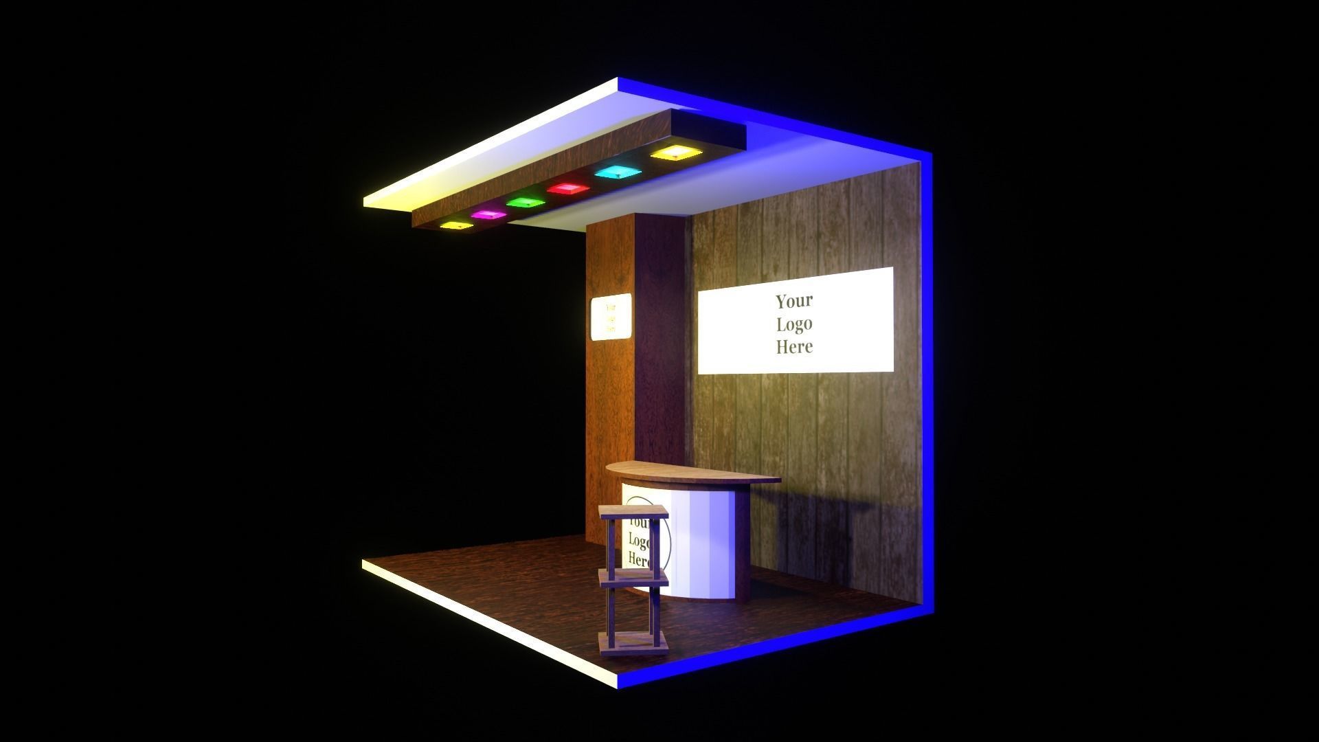 A small wooden booth with a table and stool  Low-poly 3D model_6