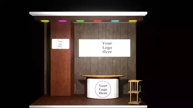 A small wooden booth with a table and stool 