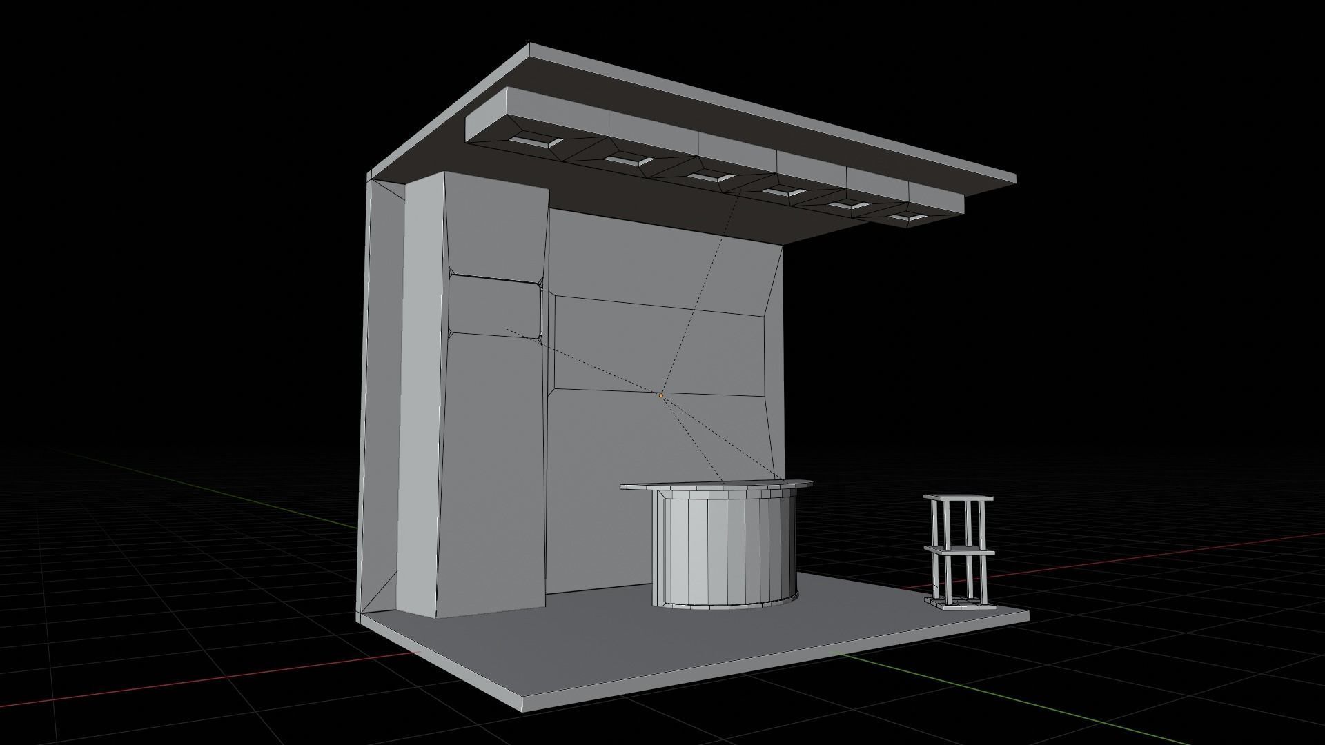 A small wooden booth with a table and stool  Low-poly 3D model_2