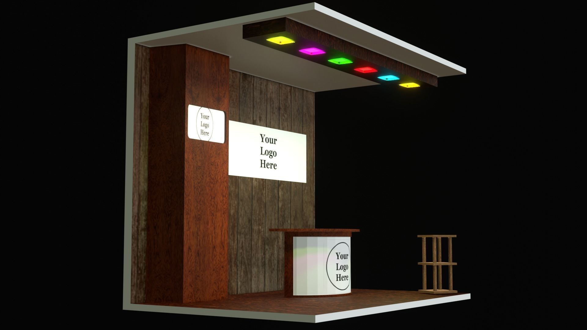 A small wooden booth with a table and stool  Low-poly 3D model_12