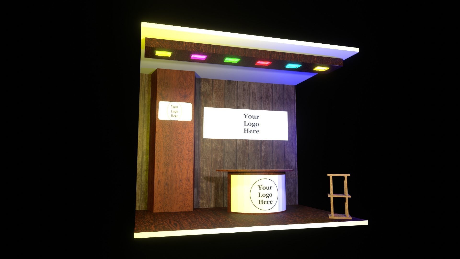 A small wooden booth with a table and stool  Low-poly 3D model_7