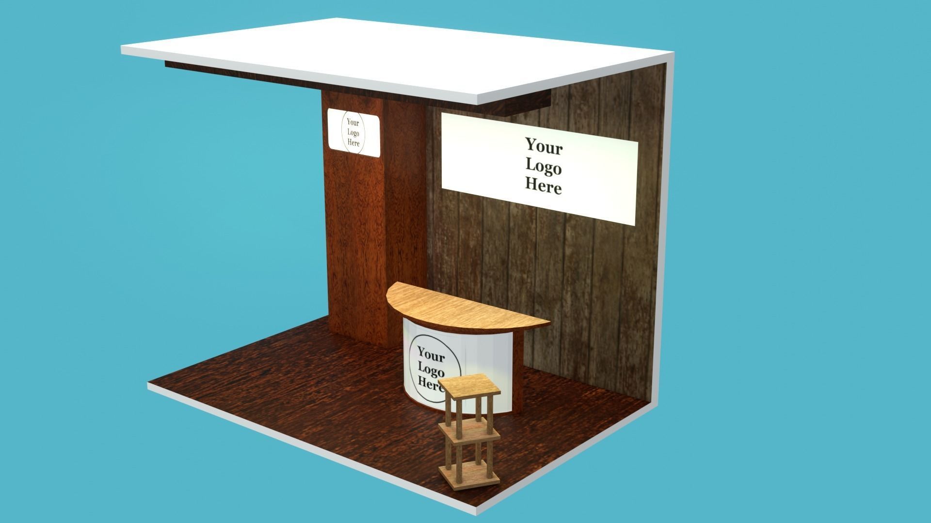 A small wooden booth with a table and stool  Low-poly 3D model_13