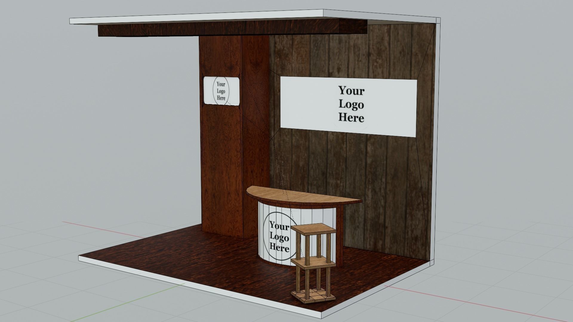 A small wooden booth with a table and stool  Low-poly 3D model_4
