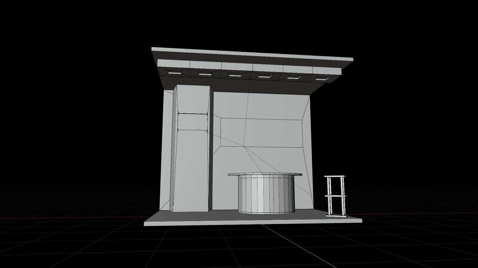 A small wooden booth with a table and stool  Low-poly 3D model_3