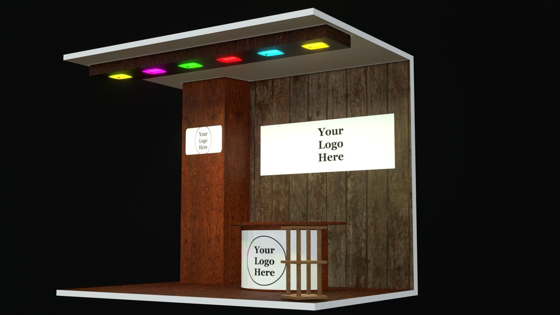 A small wooden booth with a table and stool  Low-poly 3D model_10