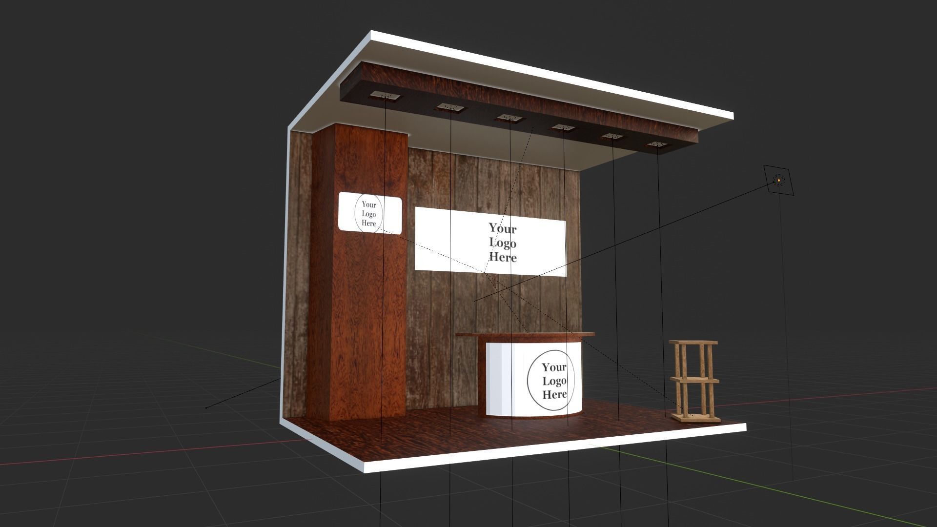 A small wooden booth with a table and stool  Low-poly 3D model_5