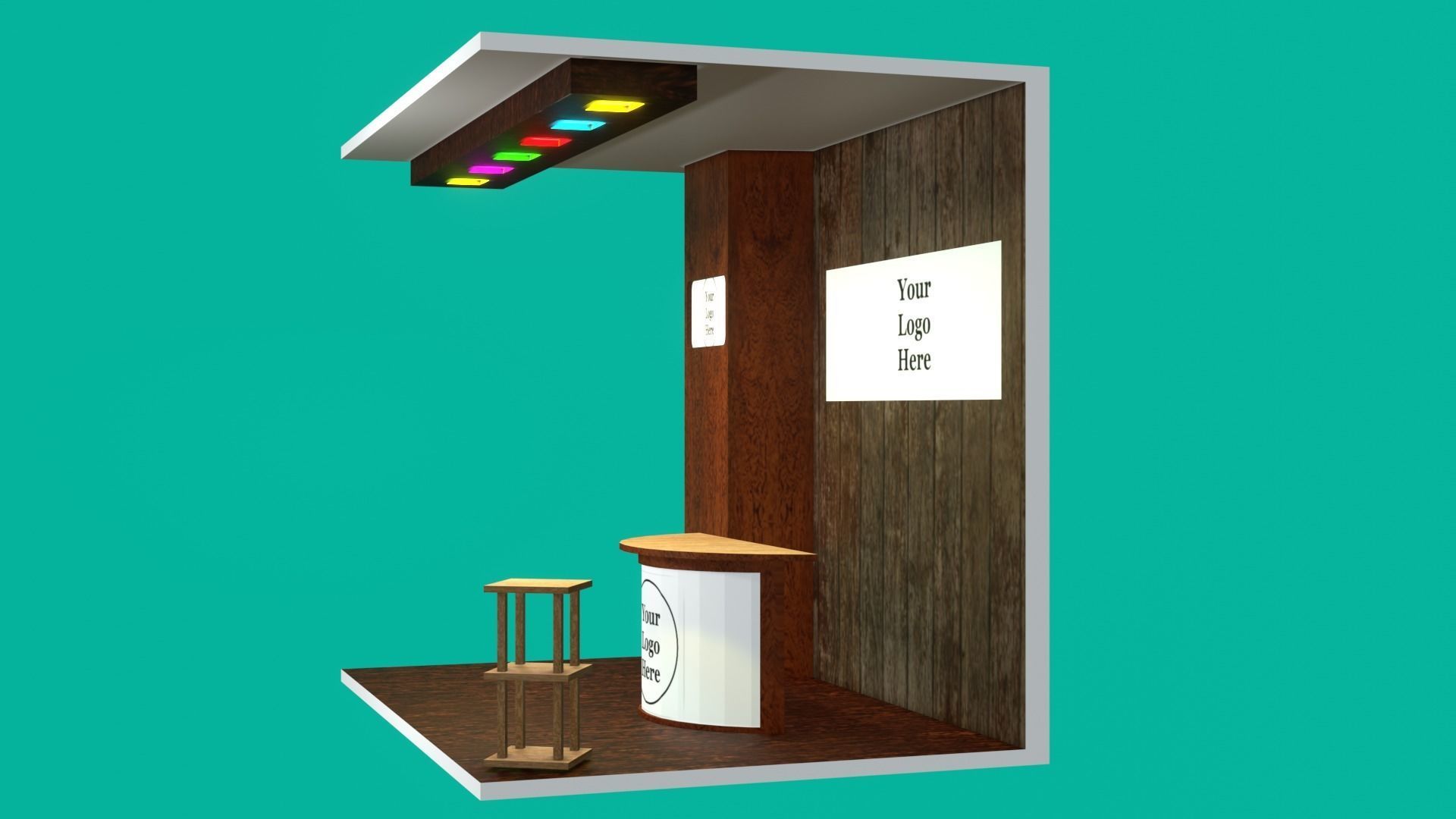 A small wooden booth with a table and stool  Low-poly 3D model_15