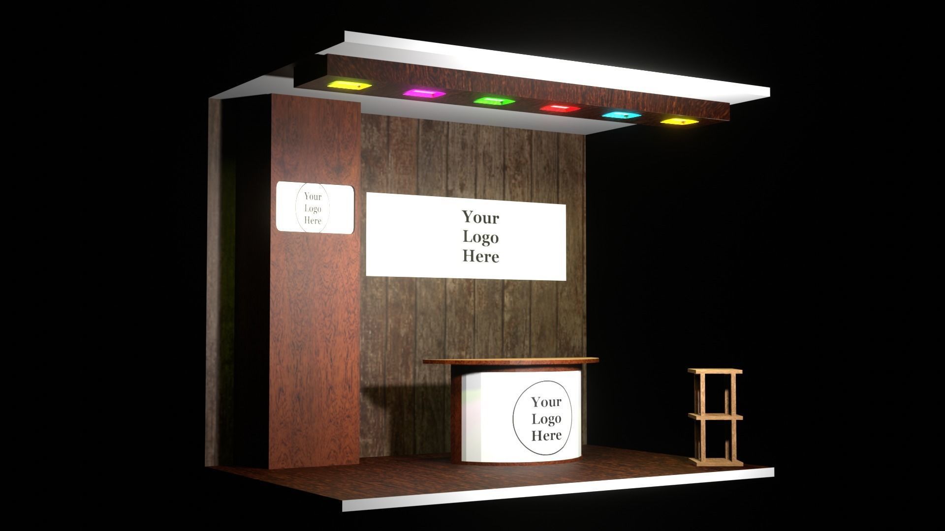 A small wooden booth with a table and stool  Low-poly 3D model_8