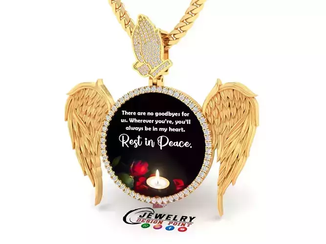 Custom Memorial  Picture Pendant with RIP Prayer Hand 3D Wings 
