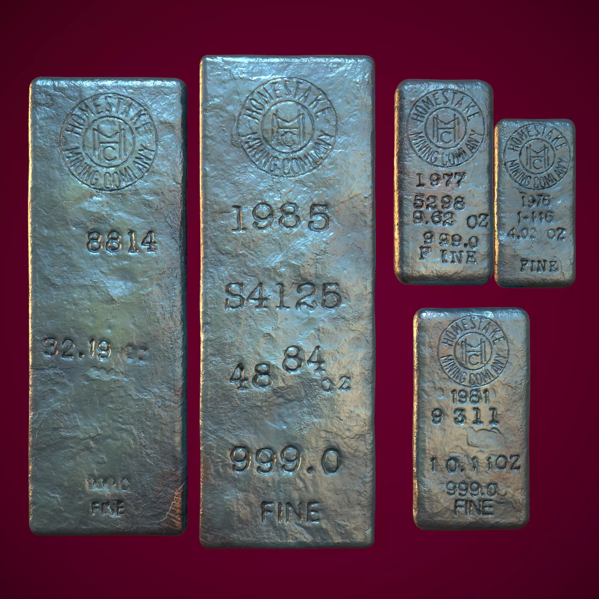 3D Silver Bars Antique Set Low-poly 3D model_0