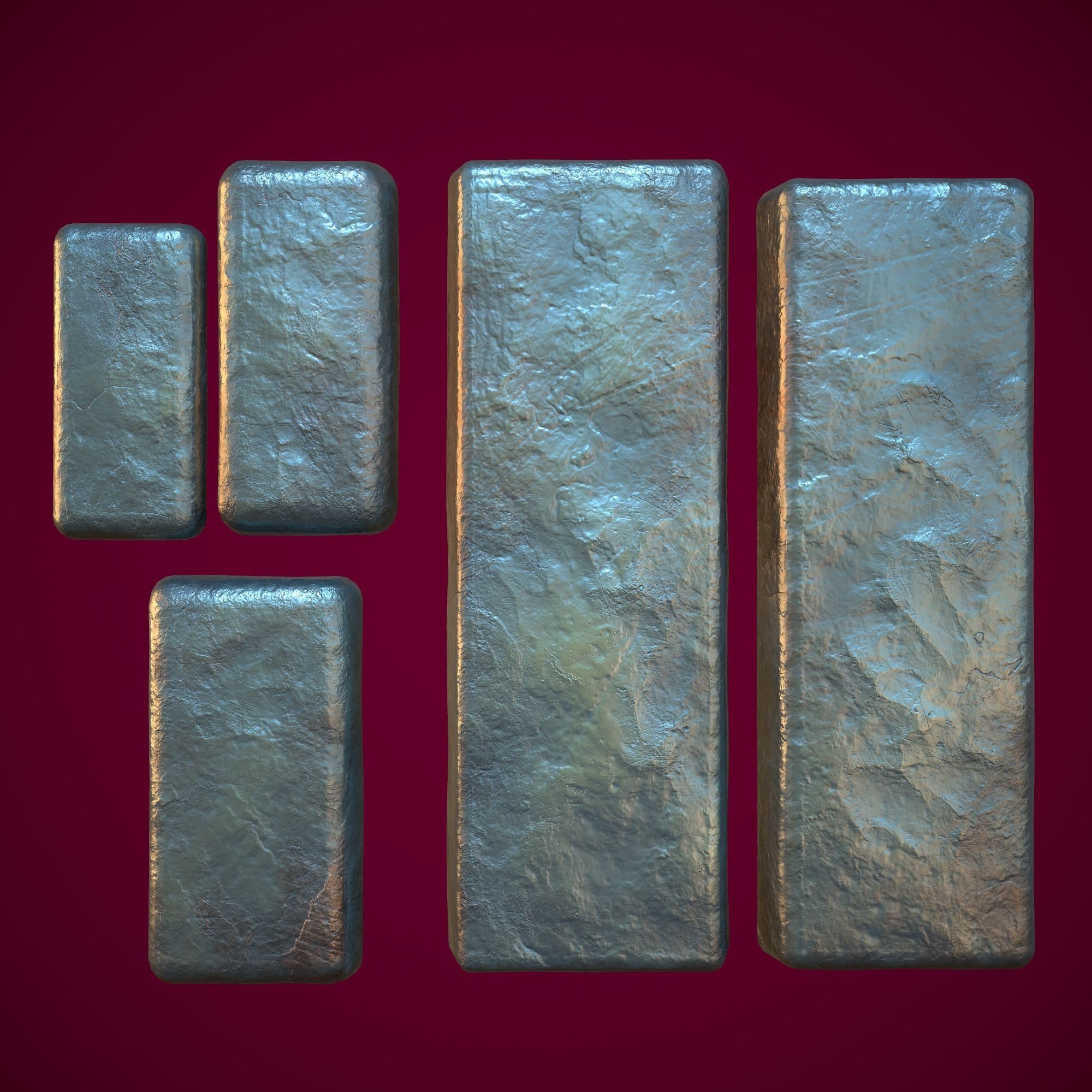 3D Silver Bars Antique Set Low-poly 3D model_6